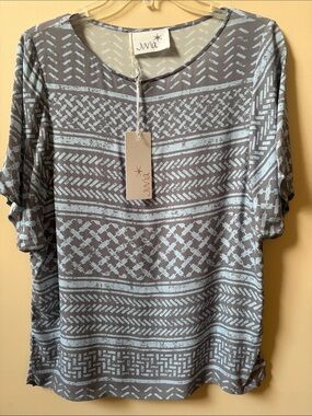 Gray & Light Blue Crepe Short Sleeve Blouse - NEW